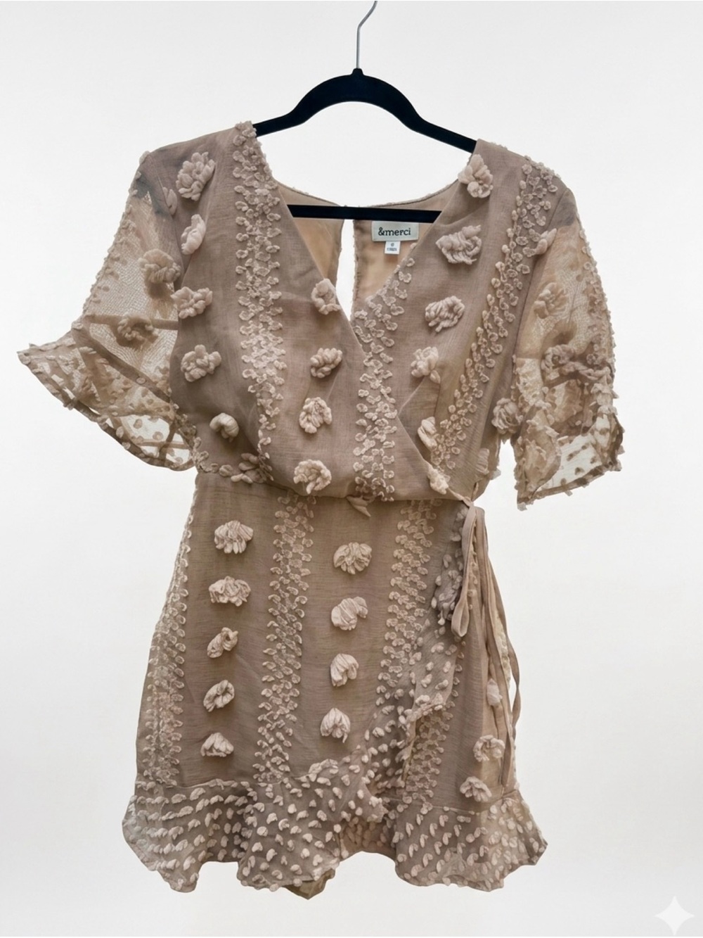 &merci Taupe Floral Appliqué Wrap Mini Dress - Picture 1 of 5